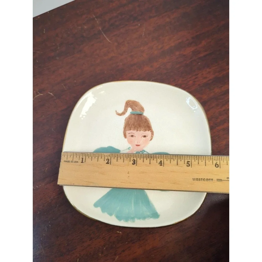 Vintage Little Girl Ceramic Trinket Dish Mid Century Nursery Plate Teal Gold
